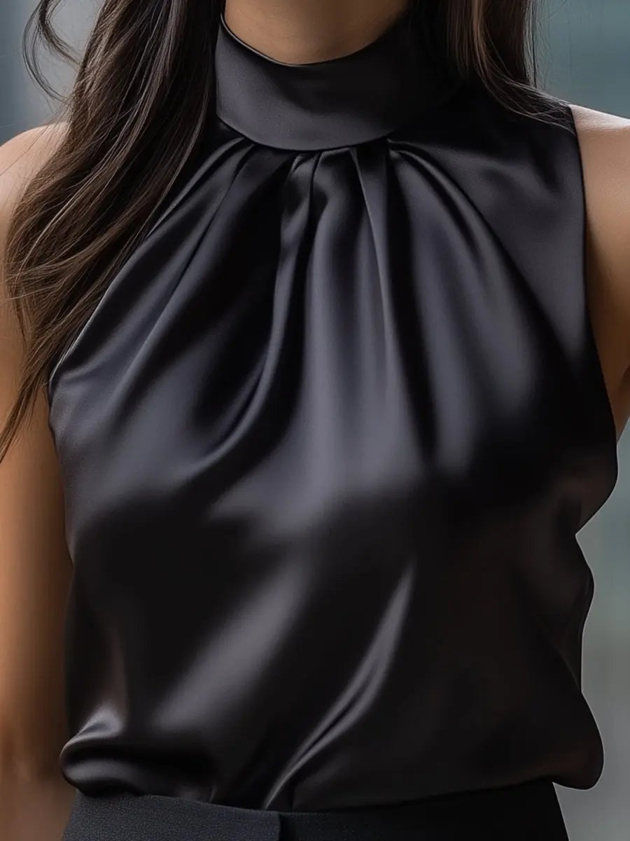 Black Satin High-Neck Sleeveless - Blouse CAAYWORLD