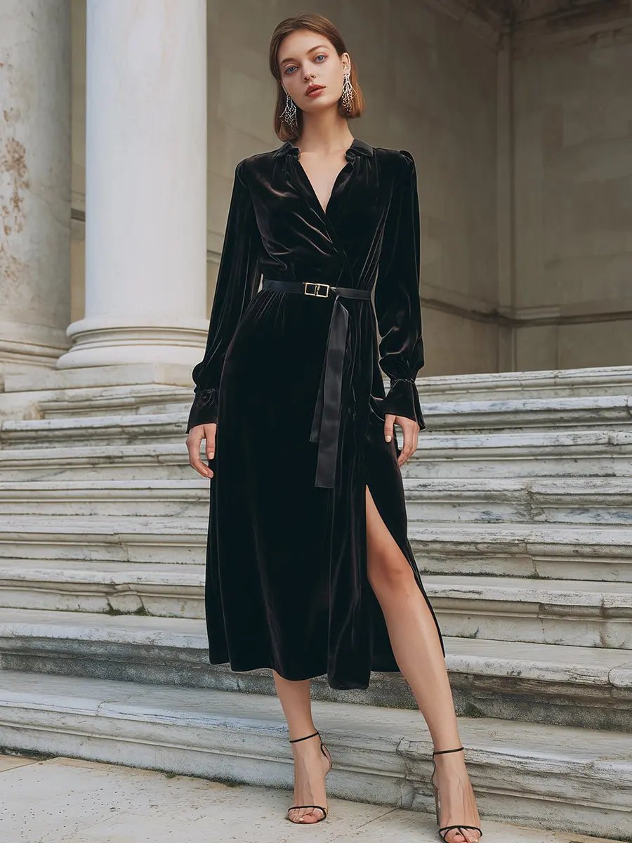 Black Velvet Belted Wrap - Midi Dress CAAYWORLD