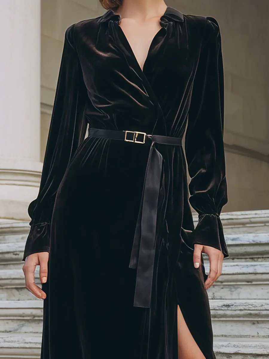 Black Velvet Belted Wrap - Midi Dress CAAYWORLD
