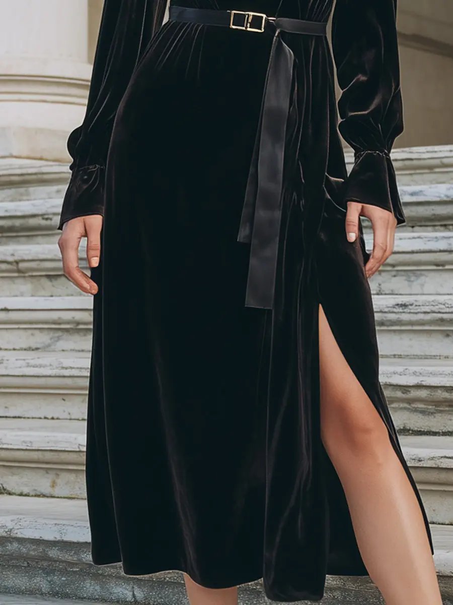 Black Velvet Belted Wrap - Midi Dress CAAYWORLD