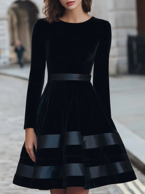 Black Velvet Satin-Striped Fit-and-Flare - Mini Dress CAAYWORLD