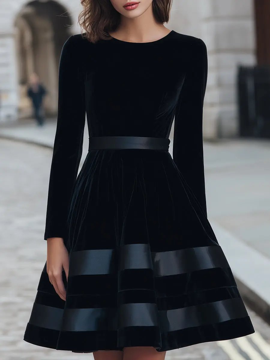Black Velvet Satin-Striped Fit-and-Flare - Mini Dress CAAYWORLD