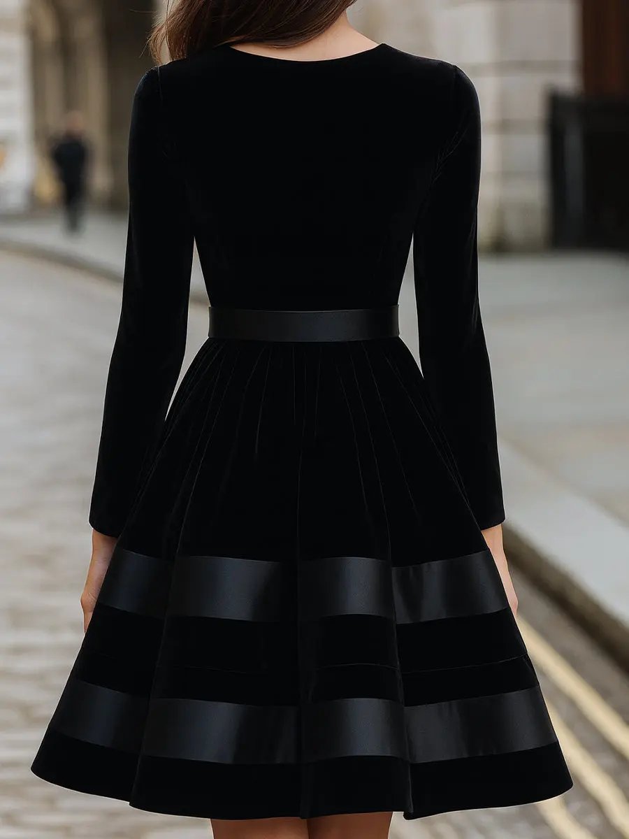 Black Velvet Satin-Striped Fit-and-Flare - Mini Dress CAAYWORLD