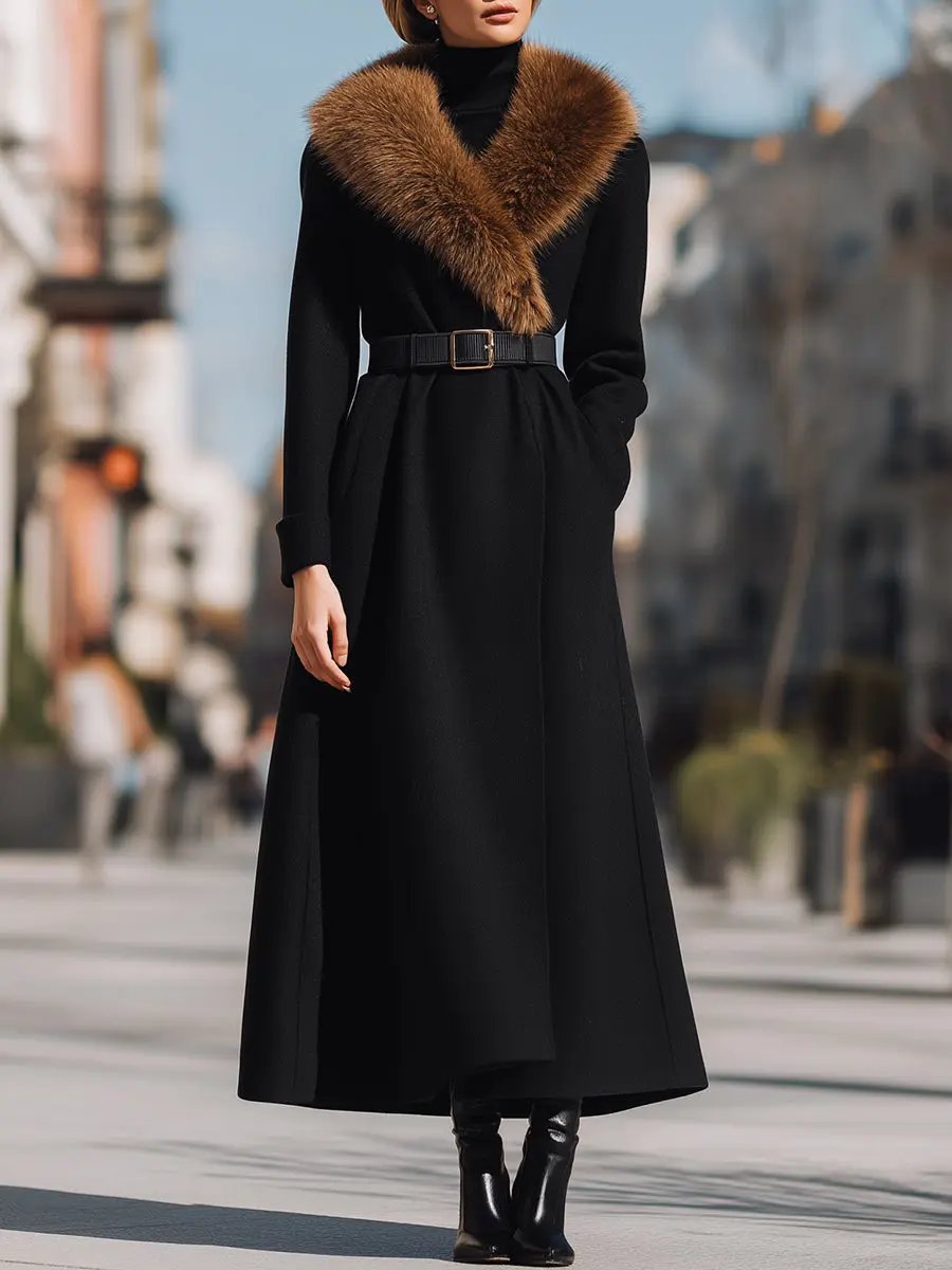 Black Wool with Wide Faux Fur Collar - Women's Wool Coat CAAYWORLD