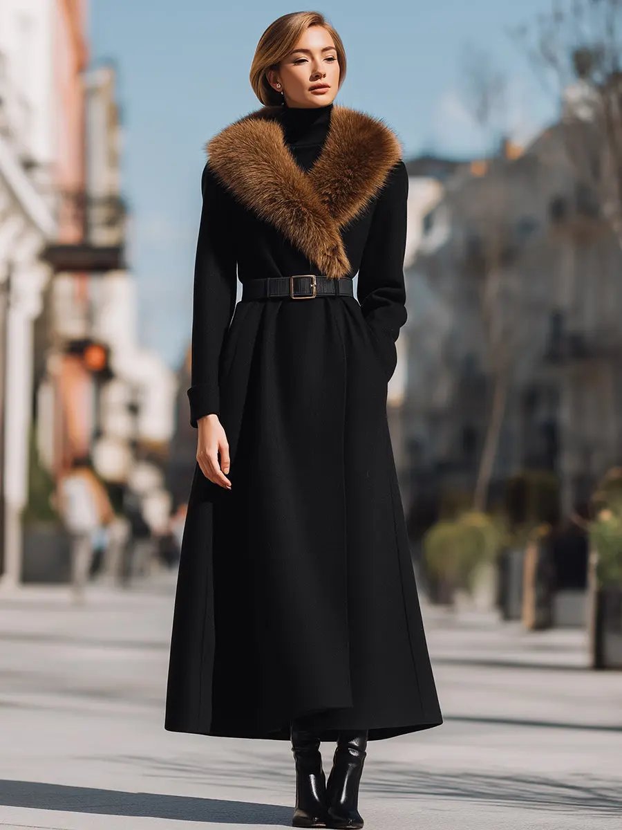 Black Wool with Wide Faux Fur Collar - Women's Wool Coat CAAYWORLD