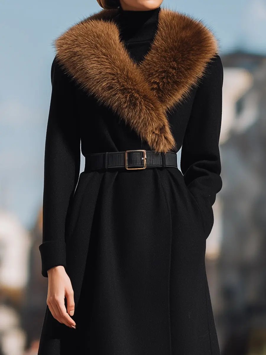 Black Wool with Wide Faux Fur Collar - Women's Wool Coat CAAYWORLD