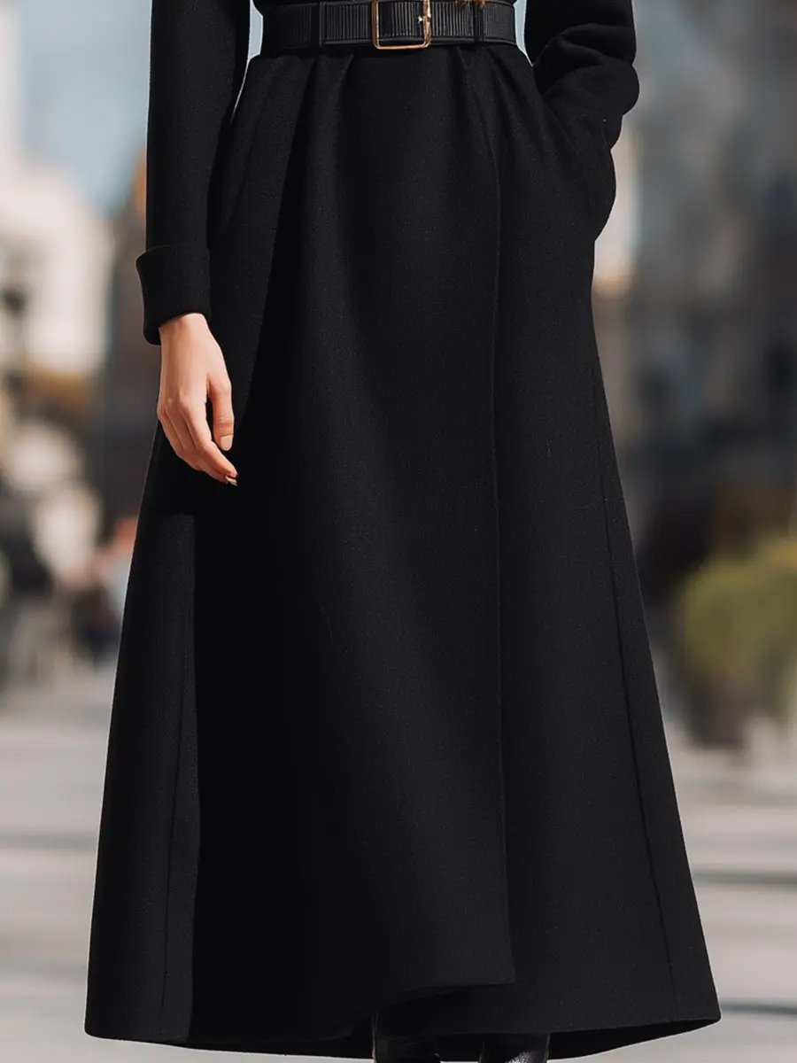 Black Wool with Wide Faux Fur Collar - Women's Wool Coat CAAYWORLD