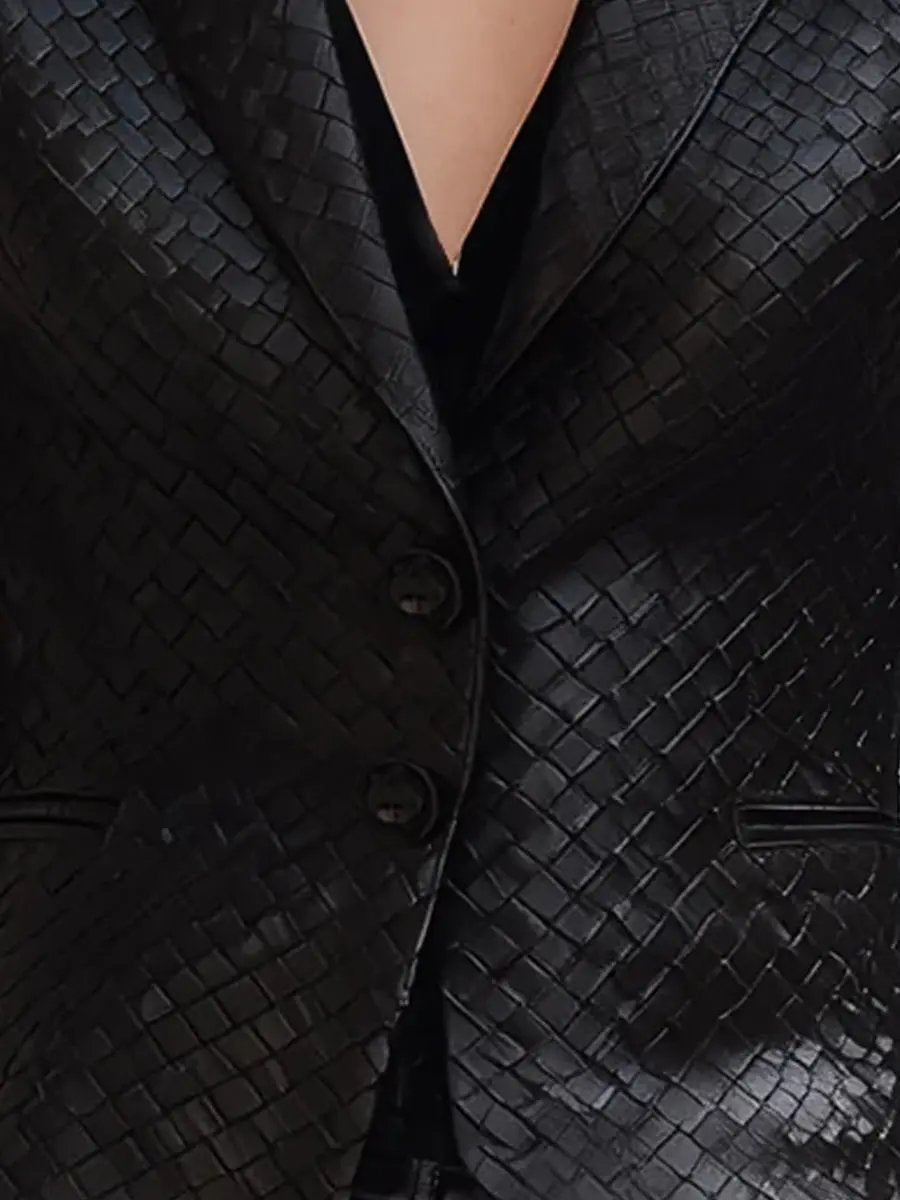 Black Woven Leather Tailored Fit - Blazer CAAYWORLD