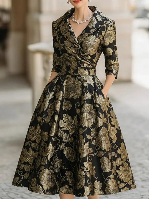 Black and Gold Jacquard Floral Metallic Detail - Midi Dress CAAYWORLD