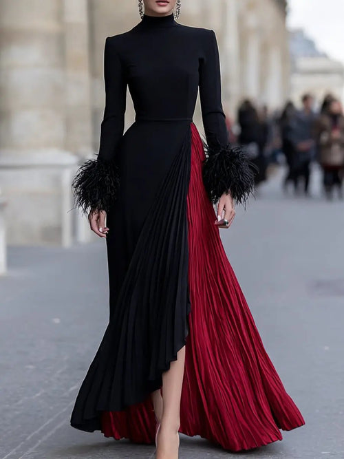 Black and Red Pleated Feather-Cuff Gown - Maxi Dress CAAYWORLD