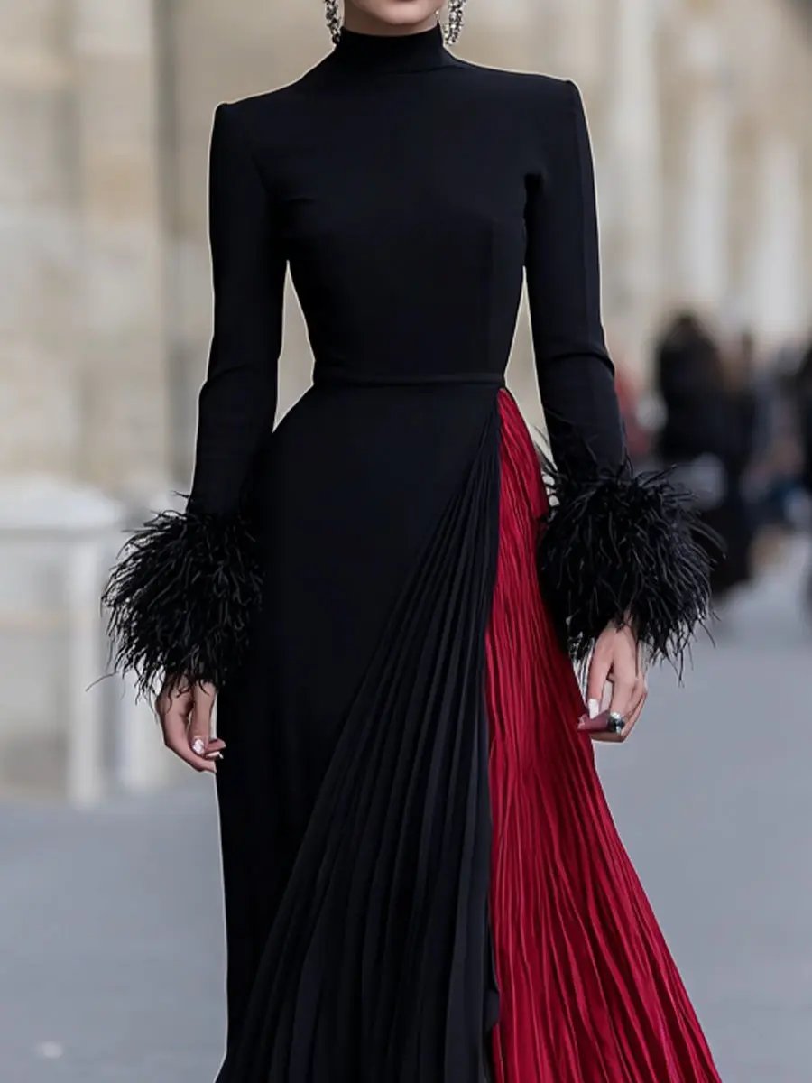 Black and Red Pleated Feather-Cuff Gown - Maxi Dress CAAYWORLD