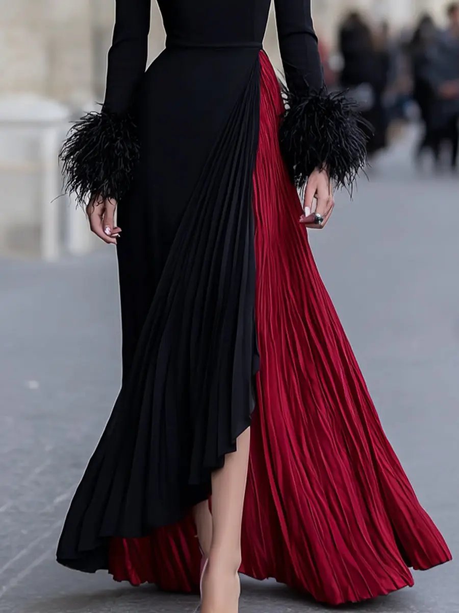 Black and Red Pleated Feather-Cuff Gown - Maxi Dress CAAYWORLD