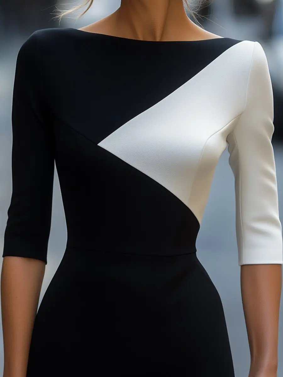Black and White Colorblock Minimalist Style - Midi Dress CAAYWORLD
