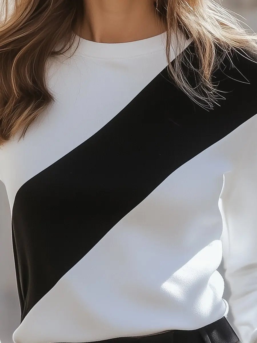 Black and White Diagonal Colorblock Casual Tee - T-Shirt CAAYWORLD