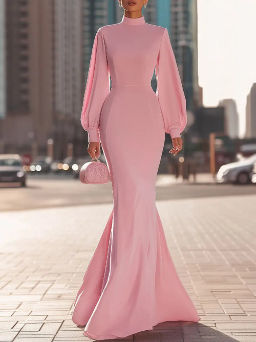 Blush Pink High‑Neck Mermaid Silhouette With Balloon Sleeves - Maxi Dress CAAYWORLD