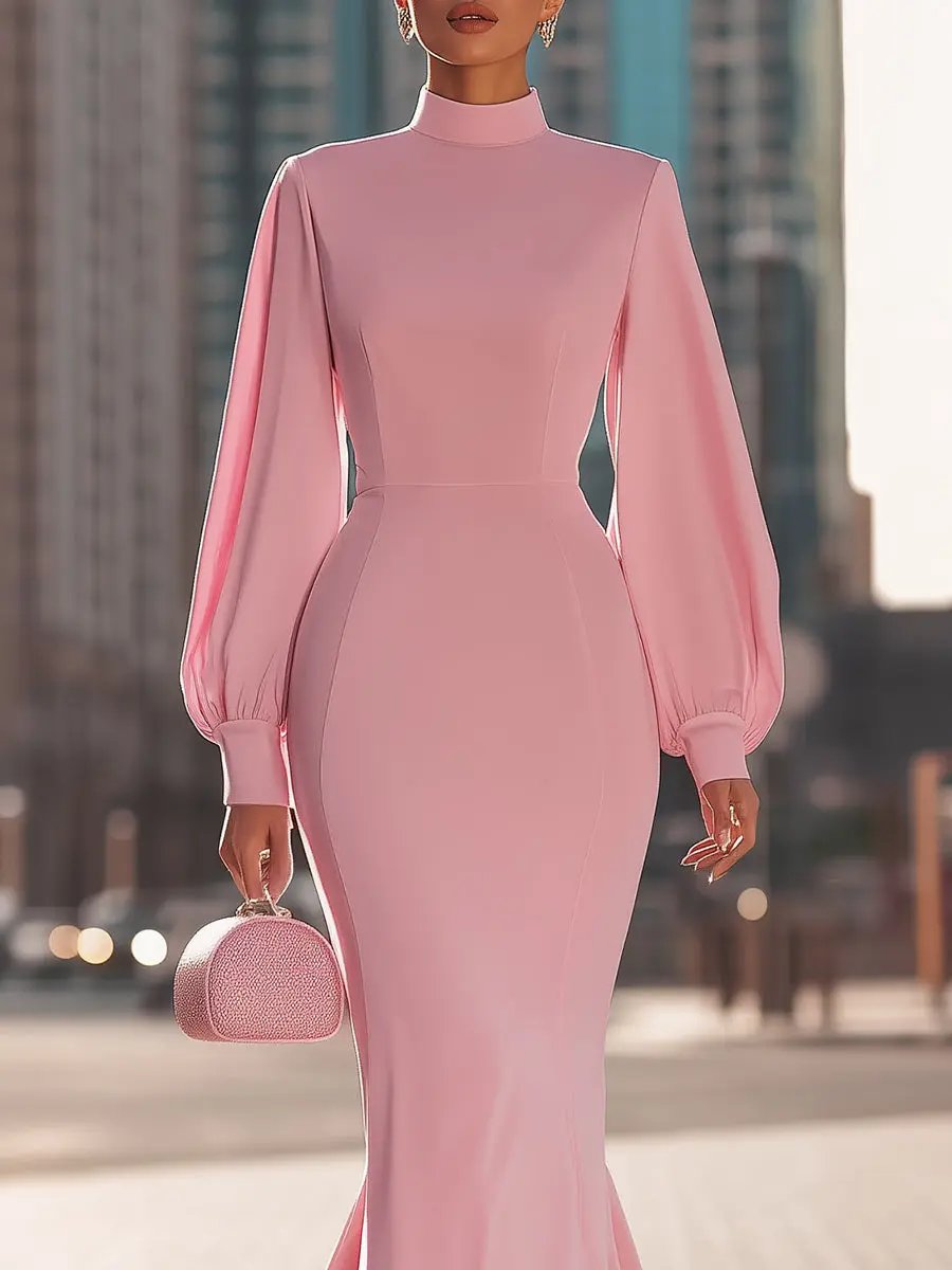 Blush Pink High‑Neck Mermaid Silhouette With Balloon Sleeves - Maxi Dress CAAYWORLD