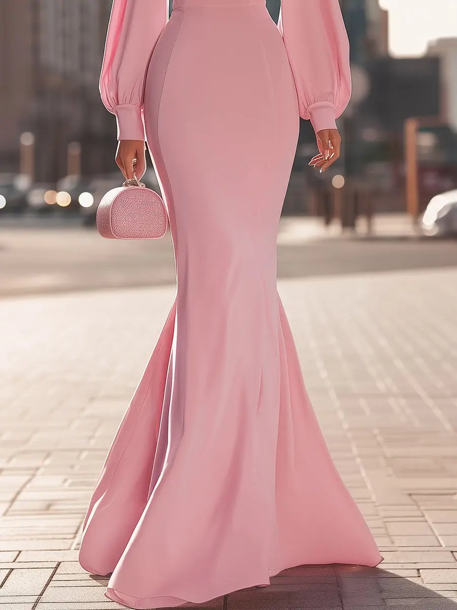 Blush Pink High‑Neck Mermaid Silhouette With Balloon Sleeves - Maxi Dress CAAYWORLD