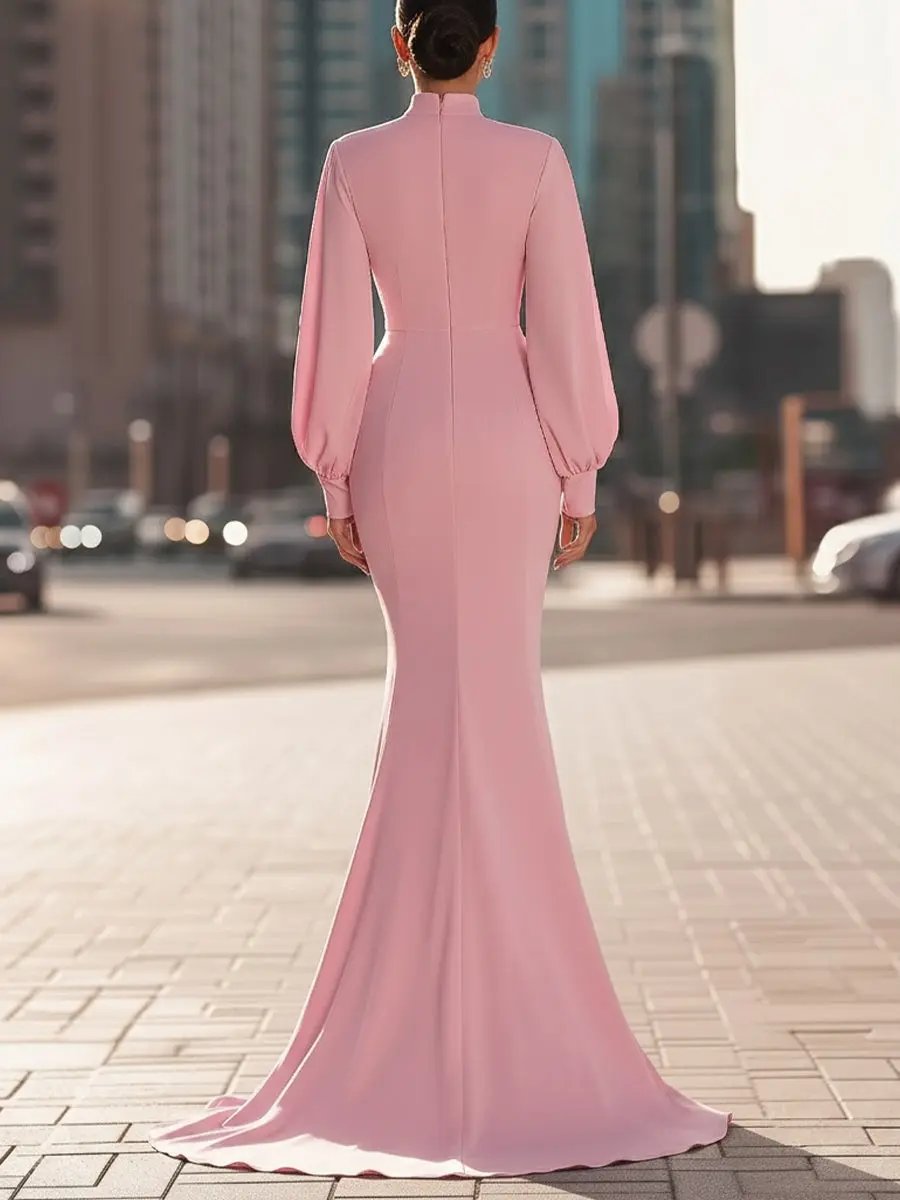 Blush Pink High‑Neck Mermaid Silhouette With Balloon Sleeves - Maxi Dress CAAYWORLD