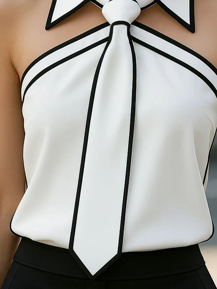 Bold Contrast Trim Sleeveless Halter Neck - Blouse CAAYWORLD