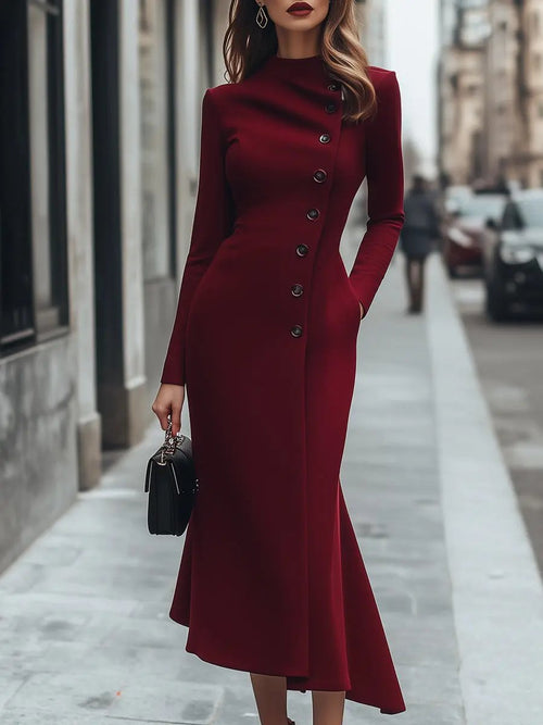 Burgundy Asymmetric Button-Front Long-Sleeve - Midi Dress CAAYWORLD