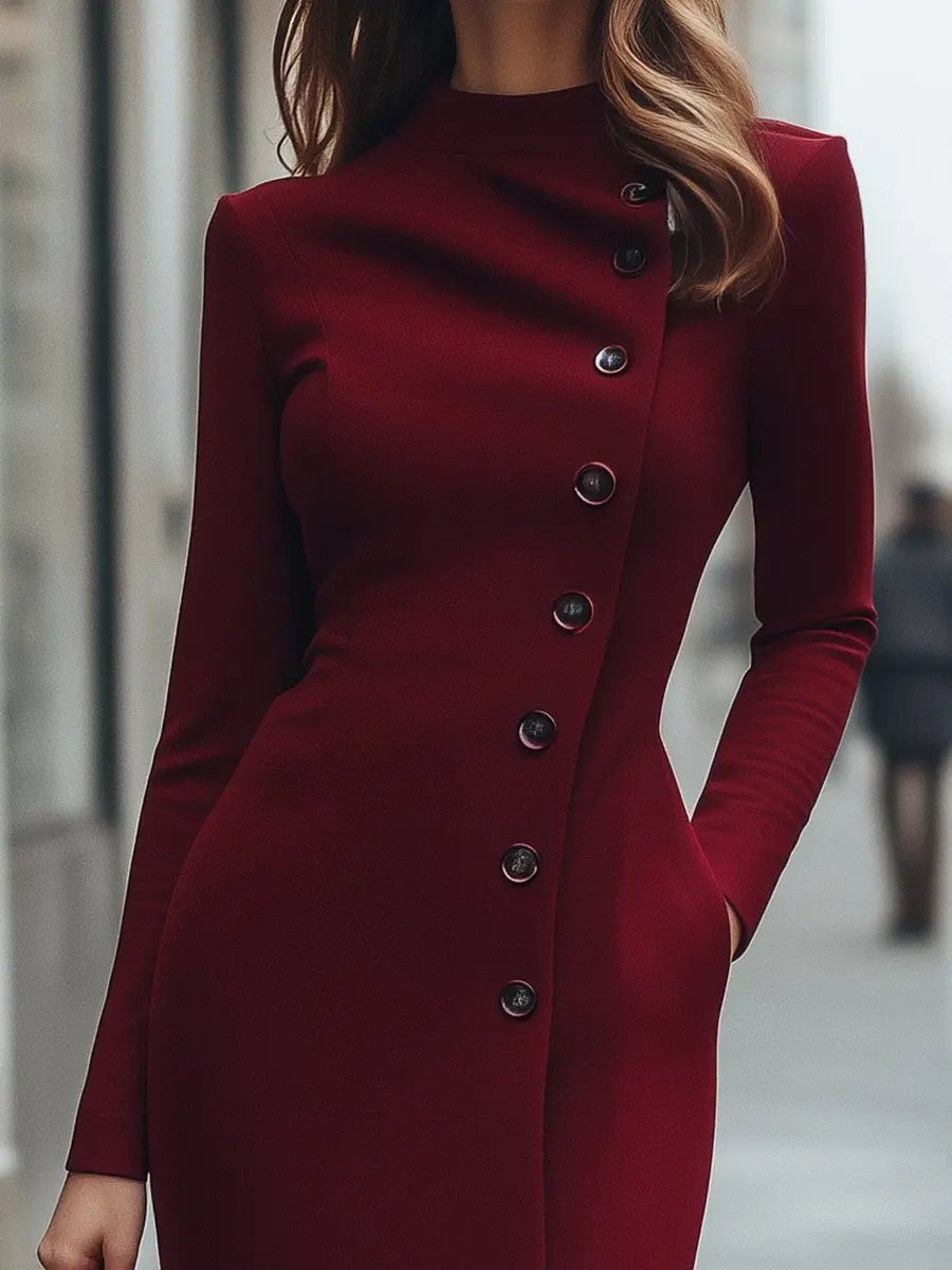 Burgundy Asymmetric Button-Front Long-Sleeve - Midi Dress CAAYWORLD