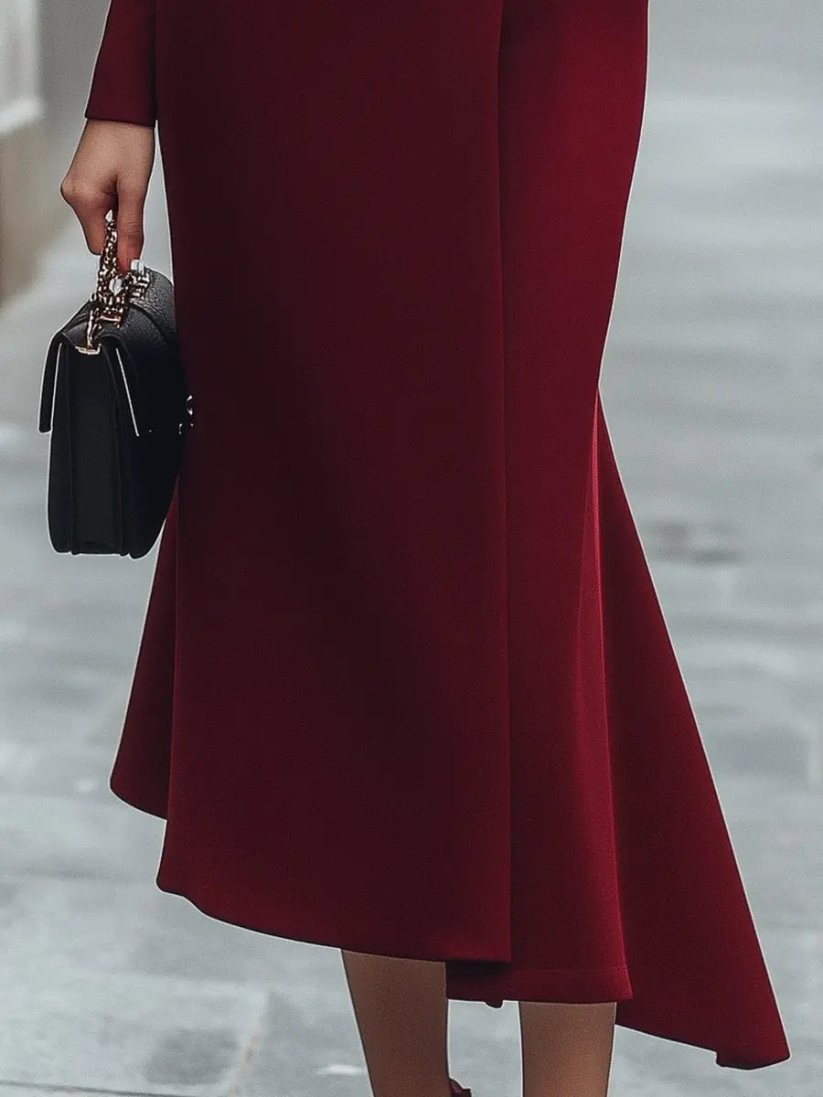Burgundy Asymmetric Button-Front Long-Sleeve - Midi Dress CAAYWORLD