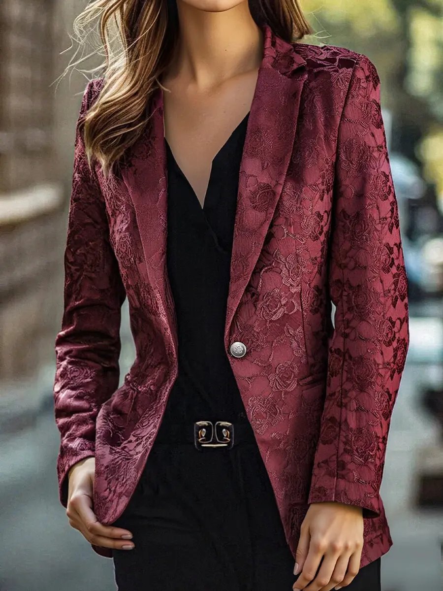 Burgundy Floral Jacquard Single-Breasted Tailored - Blazer CAAYWORLD