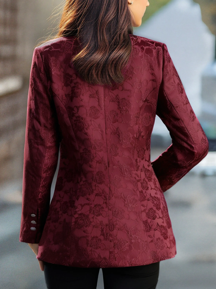 Burgundy Floral Jacquard Single-Breasted Tailored - Blazer CAAYWORLD