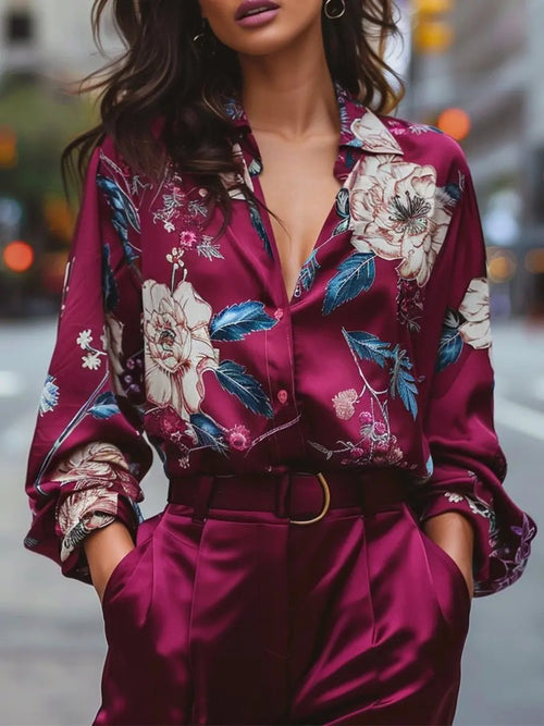 Burgundy Floral Satin V-Neck - Blouse CAAYWORLD