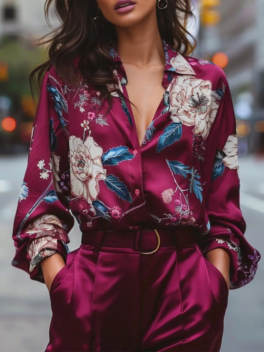 Burgundy Floral Satin V-Neck - Blouse CAAYWORLD