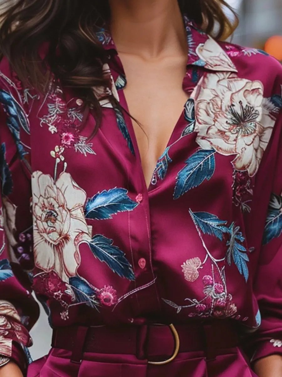 Burgundy Floral Satin V-Neck - Blouse CAAYWORLD