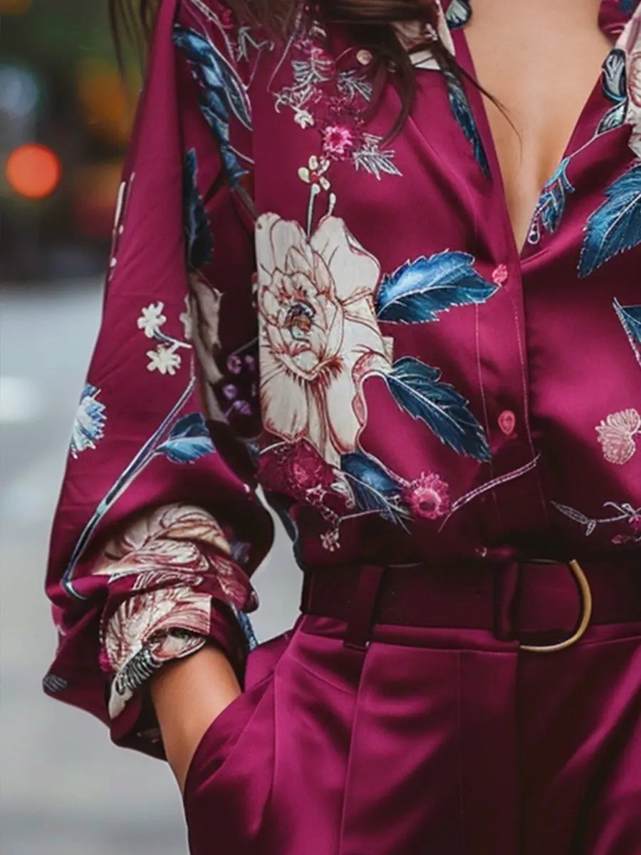 Burgundy Floral Satin V-Neck - Blouse CAAYWORLD
