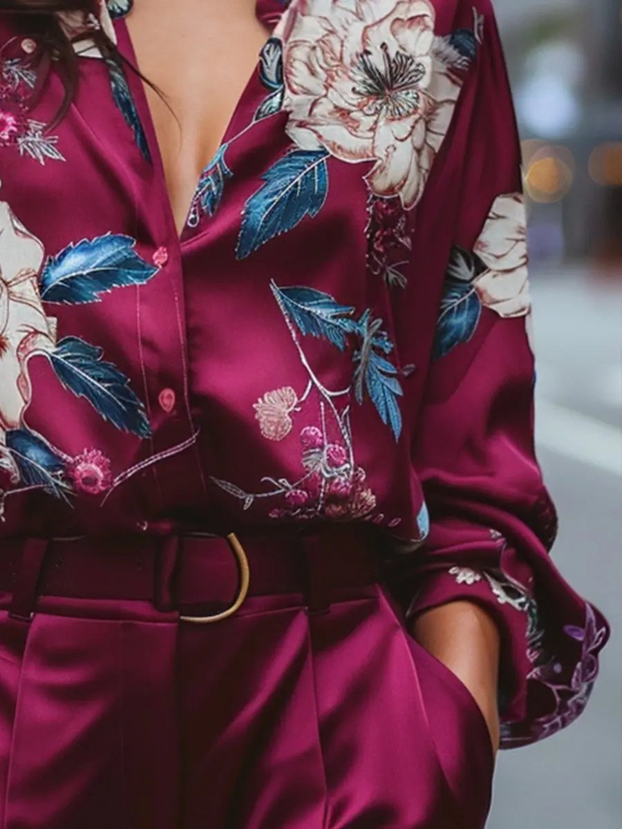 Burgundy Floral Satin V-Neck - Blouse CAAYWORLD