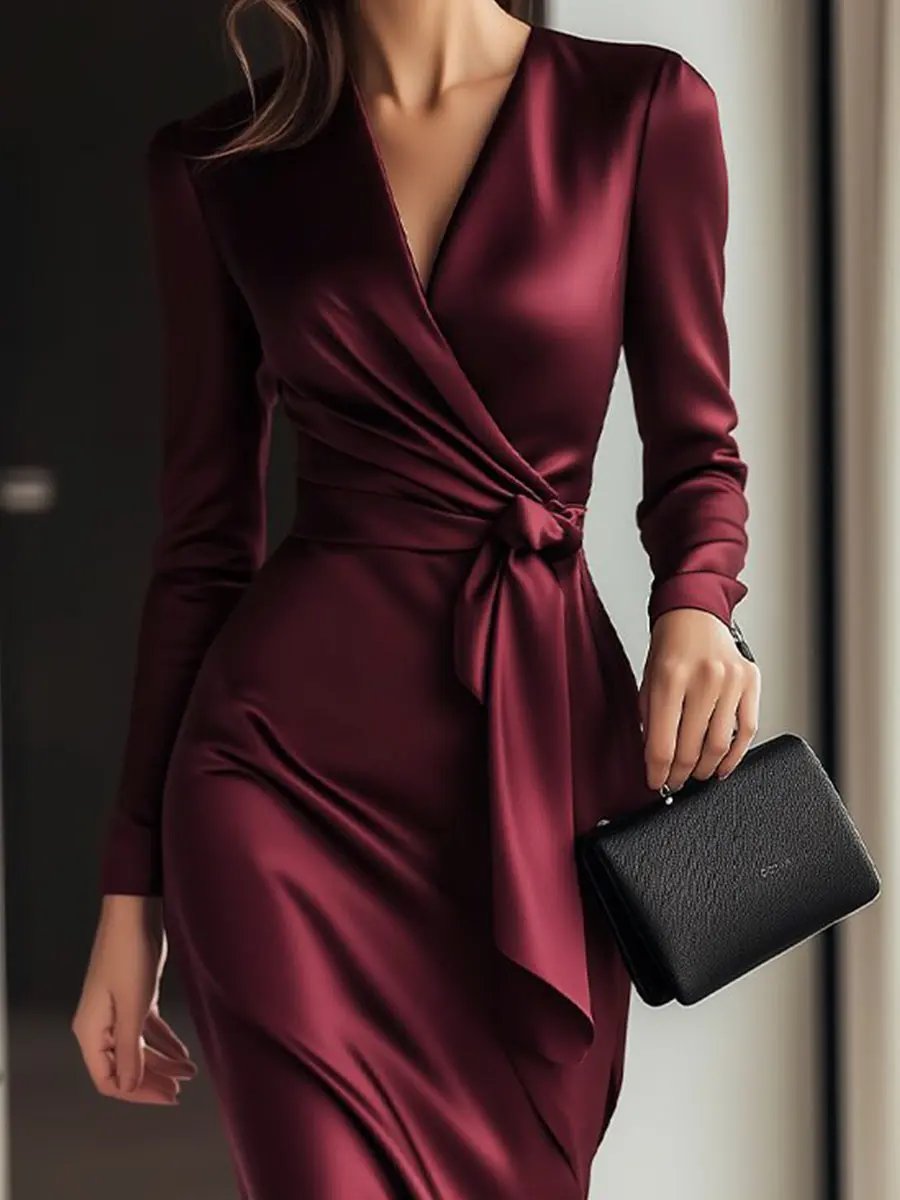 Burgundy Satin Wrap with Waist Tie Detail - Wrap Dress CAAYWORLD