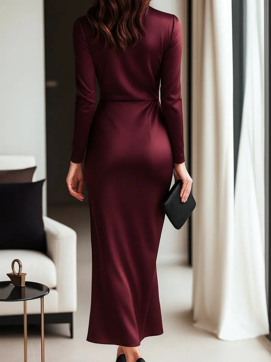 Burgundy Satin Wrap with Waist Tie Detail - Wrap Dress CAAYWORLD