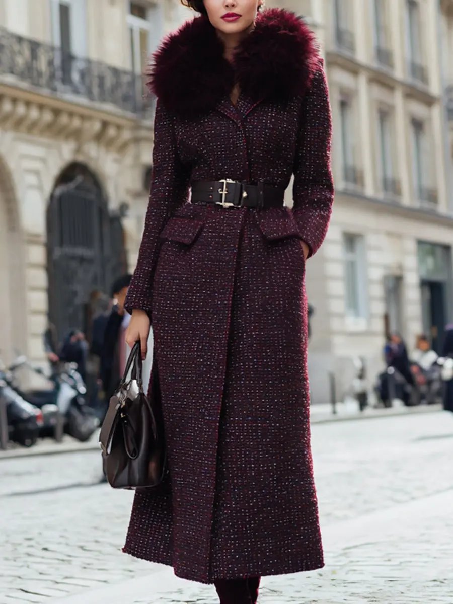 Burgundy Tweed With Faux Fur Collar And Belted Waist - Coat CAAYWORLD