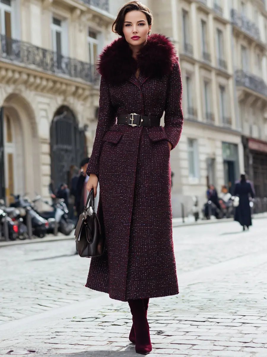 Burgundy Tweed With Faux Fur Collar And Belted Waist - Coat CAAYWORLD