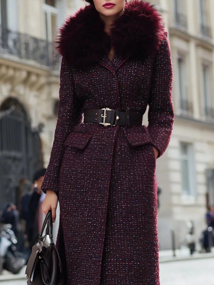 Burgundy Tweed With Faux Fur Collar And Belted Waist - Coat CAAYWORLD