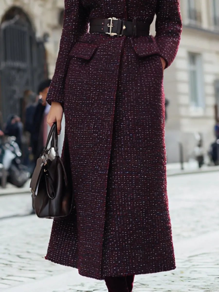 Burgundy Tweed With Faux Fur Collar And Belted Waist - Coat CAAYWORLD