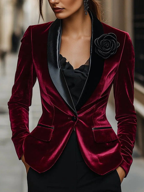 Burgundy Velvet with Satin Lapels & Black Rose Detail - Blazer CAAYWORLD