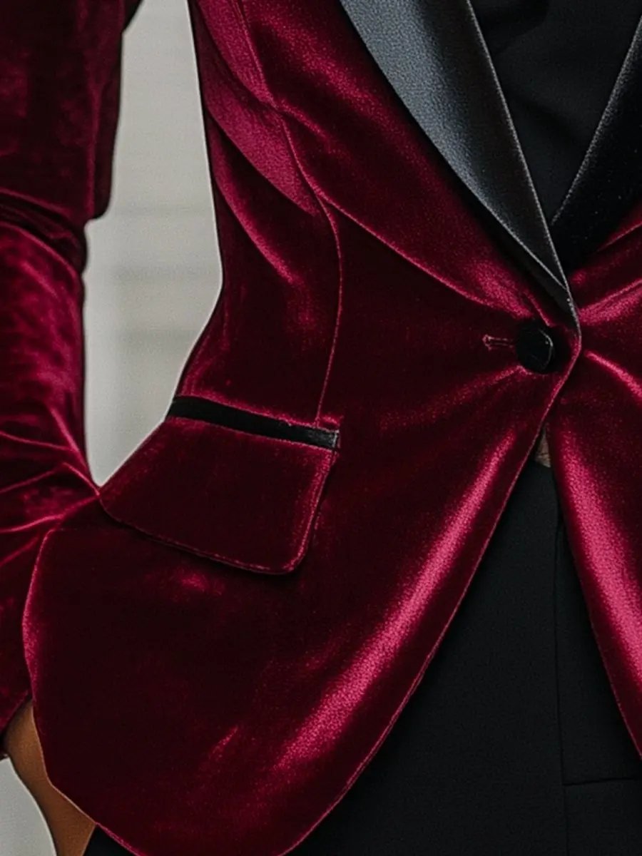 Burgundy Velvet with Satin Lapels & Black Rose Detail - Blazer CAAYWORLD