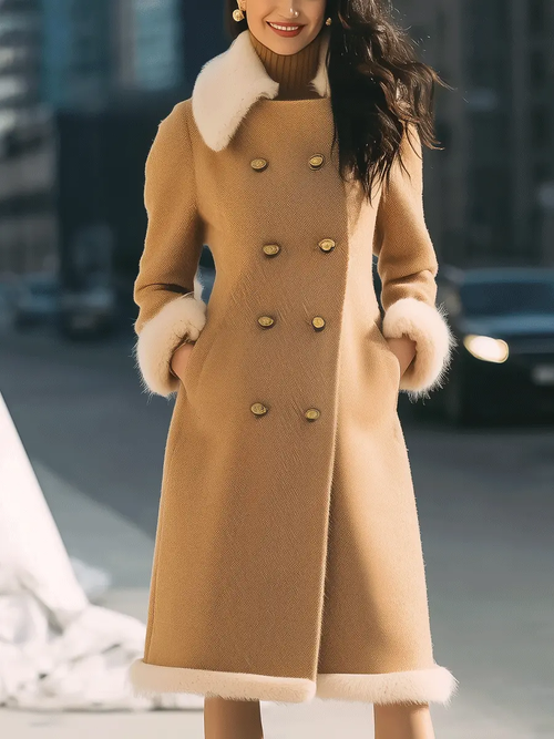 Camel Double-Breasted with Contrast Fur Trim - Coat CAAYWORLD