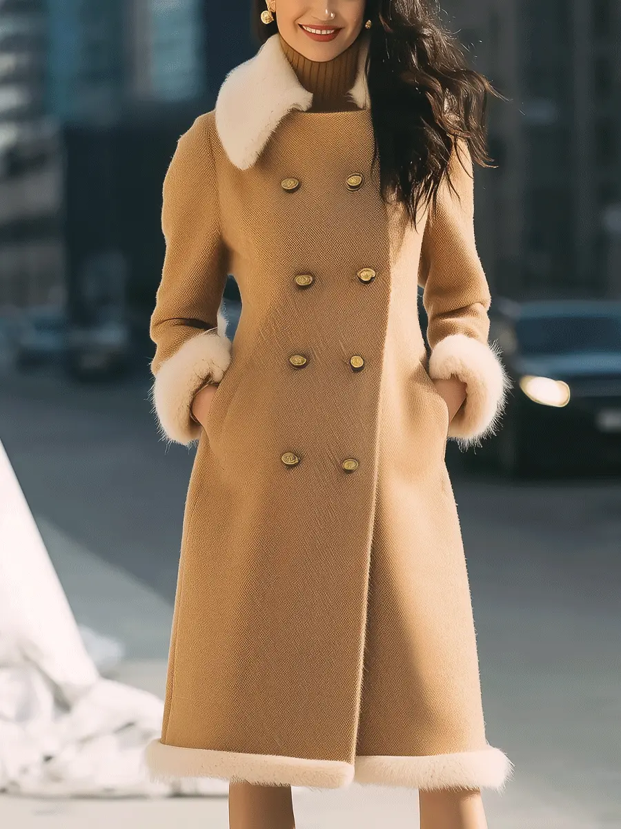 Camel Double-Breasted with Contrast Fur Trim - Coat CAAYWORLD