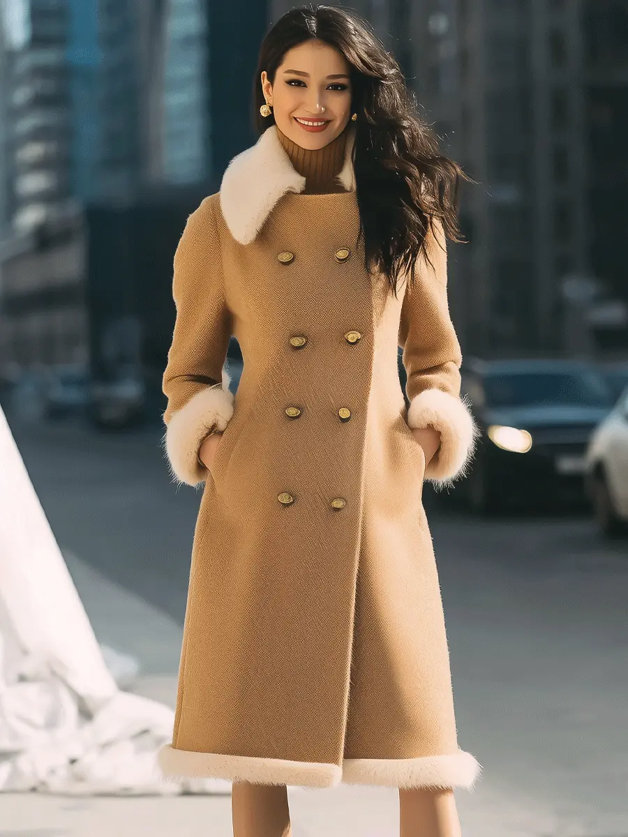 Camel Double-Breasted with Contrast Fur Trim - Coat CAAYWORLD