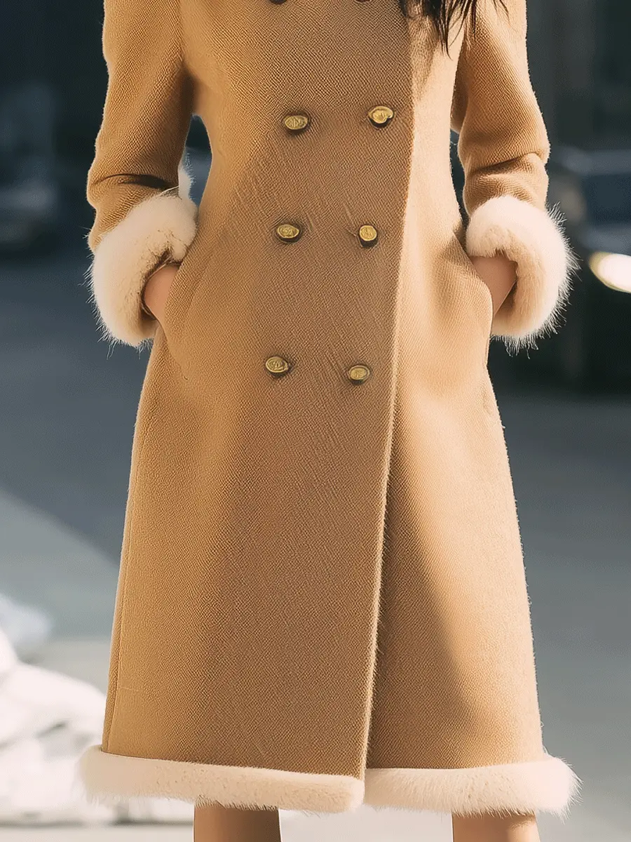 Camel Double-Breasted with Contrast Fur Trim - Coat CAAYWORLD