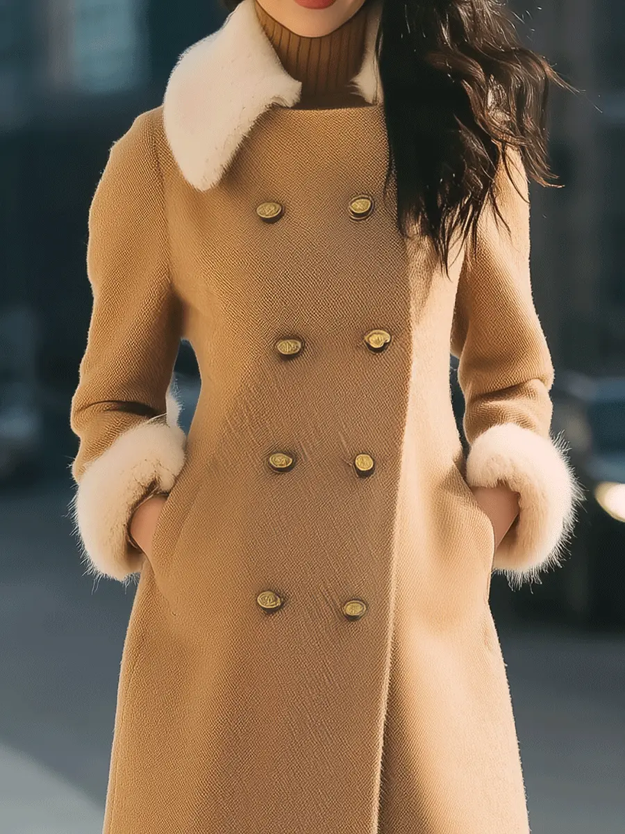 Camel Double-Breasted with Contrast Fur Trim - Coat CAAYWORLD