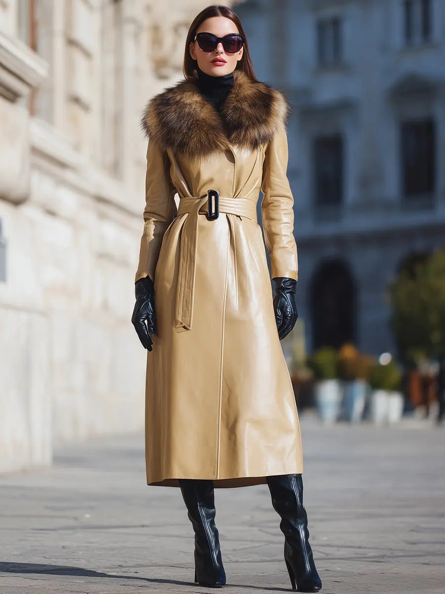 Camel Faux Leather Fur-Collar - Coat CAAYWORLD