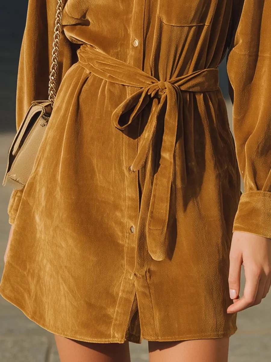 Camel Velvet Button-Front Shirt Dress - Mini Dress CAAYWORLD