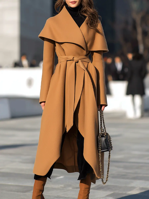 Camel Waterfall Drape Belted Waist - Long Coat CAAYWORLD