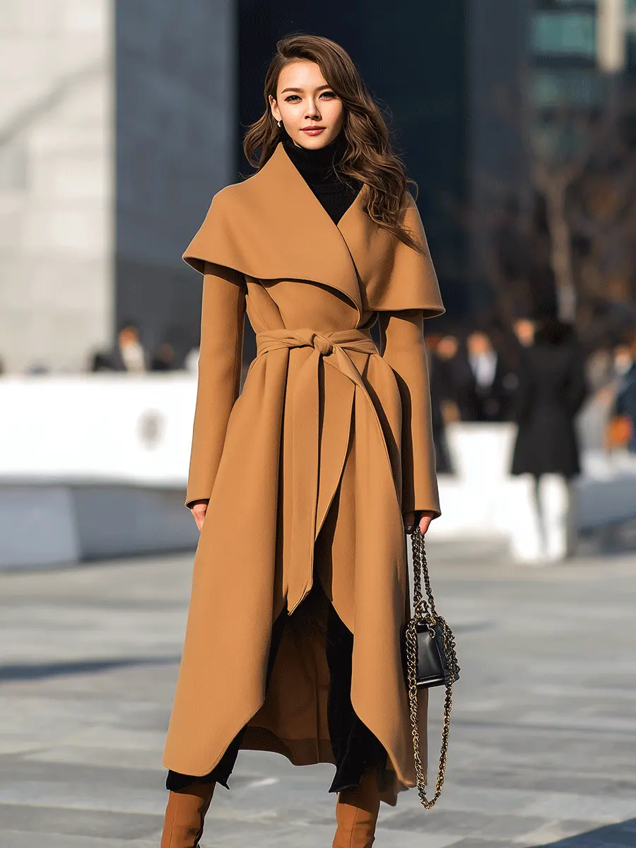 Camel Waterfall Drape Belted Waist - Long Coat CAAYWORLD